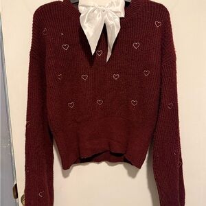 Better Together V-Neck Heart Embroidered Sweater - Burgundy